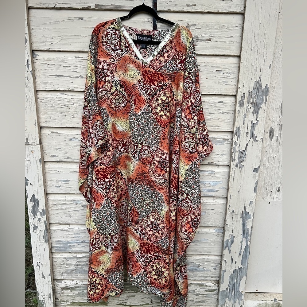 Vintage 90s Y2K Russell Kemp BoHo Sequin Tiki Kaftan KuMu Maxi Dress OS